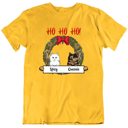 Ho Ho Ho Christmas Wreath Custom Cat Name T shirt