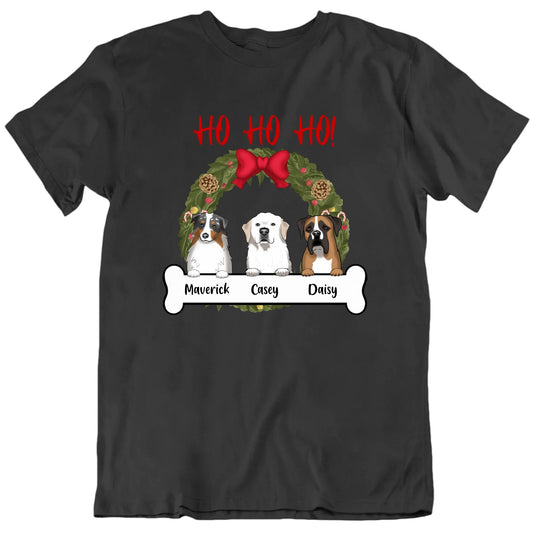 Ho Ho Ho Christmas Wreath Custom Dog Names T shirt
