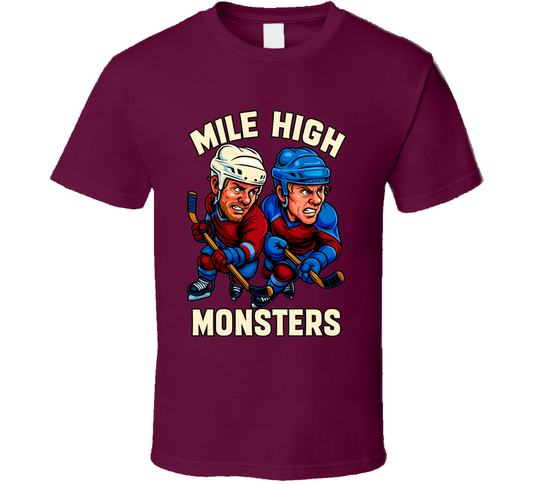 Nathan Mackinnon And Mikko Rantanen Mile High Monsters Hockey Duo Caricatures Fan T Shirt