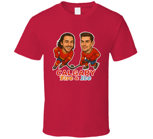 Johnny Gaudreau And Sean Monahan Calgary Fire &amp; Ice Hockey Duo Caricatures Fan T Shirt