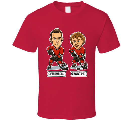 Jonathan Toews And Patrick Kane Captain Serious Showtime Hockey Duo Caricatures Fan T Shirt