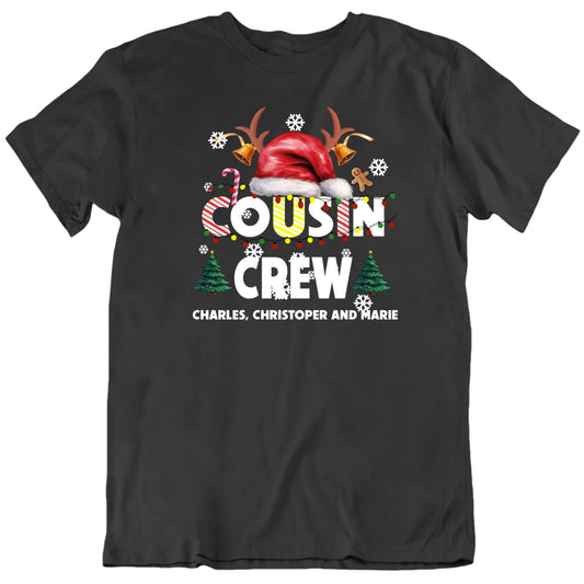 Cousin Crew Family Christmas Customizable Names Santa Antler Hat Celebration Christmas Lights Custom Unisex Gift T Shirt