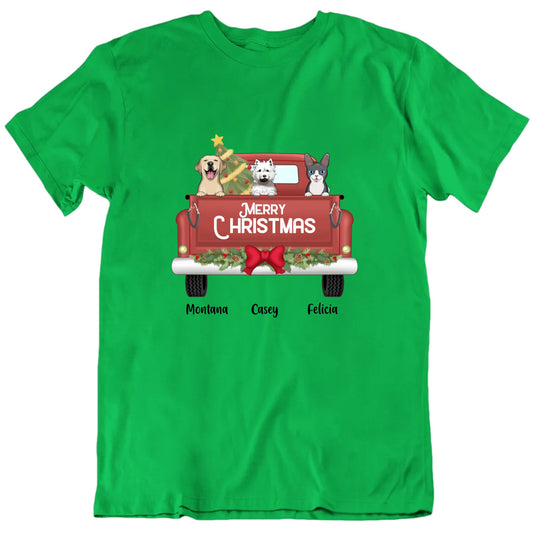 Merry Christmas Pets Riding In Truck Custom Names T shirt